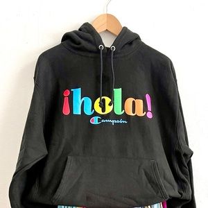 Mens Champion Hola Spanish Hispanic Black Hood Sweatshirt Sweater Hoodie